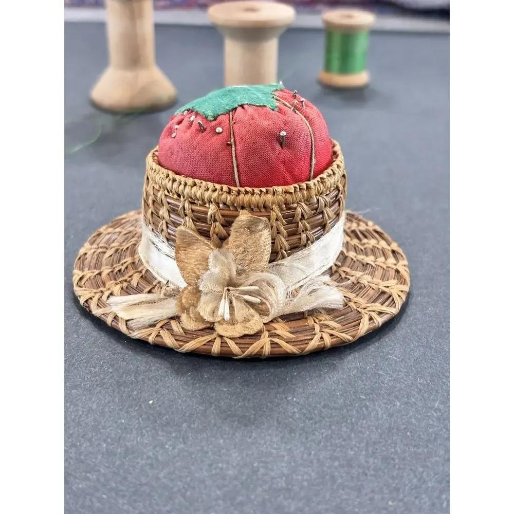Vintage Straw Hat Tomato Pincushion Wicker Sewing Pin Cushion Cottagecore Decor